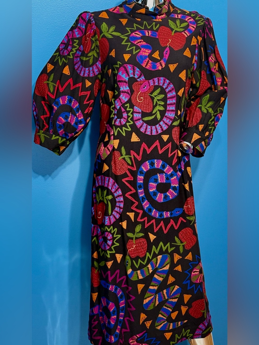 Farm Rio Snake Fruit Bold Black Midi Dress with Colorful Snake & Apple Print
